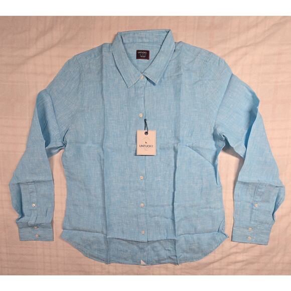 Untuckit Women's Shirt Blush-Aqua Blue 100% Linen Button Up Long Sleeve 12 NWT - Picture 1 of 8